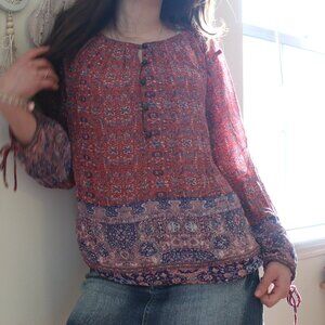 Lucky Brand Women's size M Tapestry Henley Top Peasant Boho Blouse
